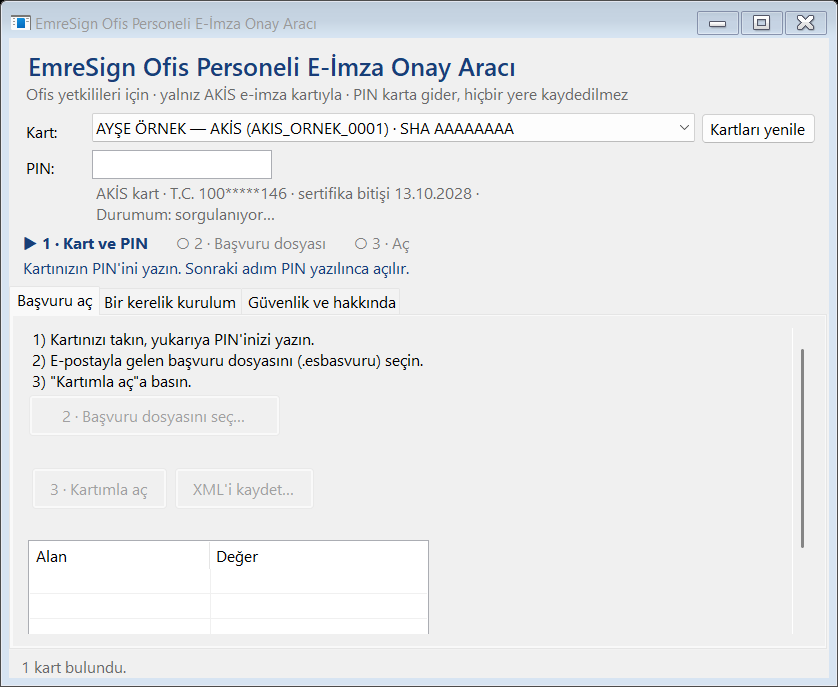 Ofis Personeli E-İmza Onay Aracı — Başvuru aç sekmesi (örnek veri)