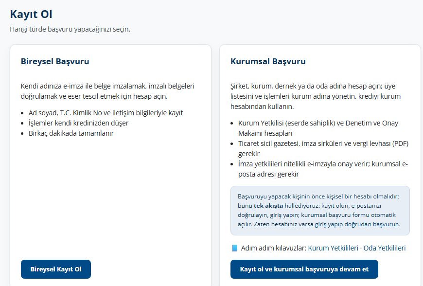 Kayıt Ol seçim sayfası: Bireysel Başvuru ve Kurumsal Başvuru (kurumsal kartta tek düğme)