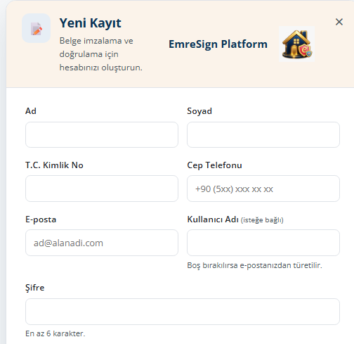 Bireysel kayıt formu (üst bölüm)