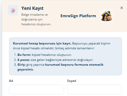 Kurumsal başvuru için kayıt: üstteki kutu üç adımı anlatır