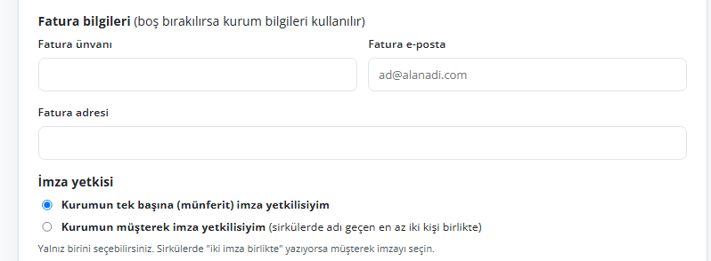 Başvuru formu: fatura bilgileri ve imza yetkisi seçimi