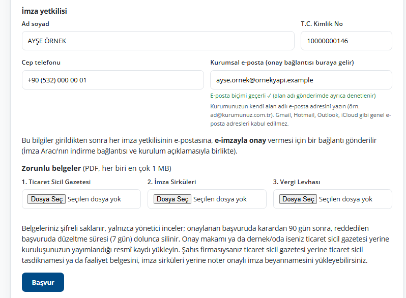 Başvuru formu: imza yetkilisi bilgileri ve zorunlu belgeler