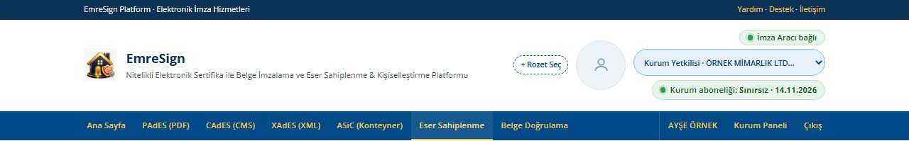 Eser Sahiplenme sayfasında kurum bağlamı üst çubukta görünür